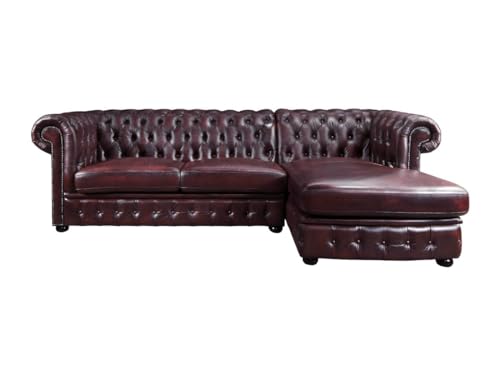 Vente-unique - Canapé d'angle Chesterfield Brenton 100% Cuir de Buffle - Bordeaux- Angle Droit