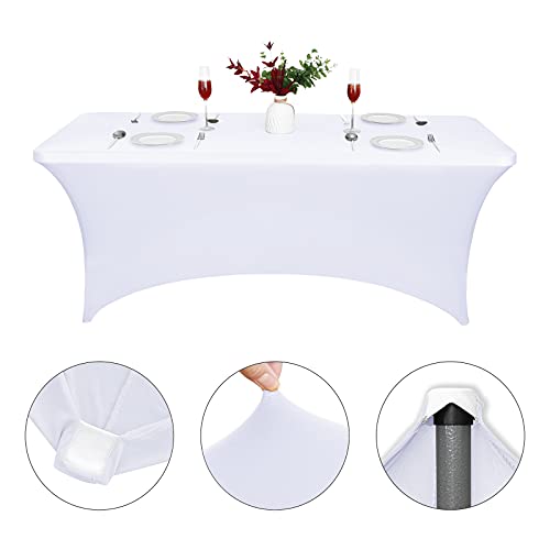 Image of CWK 6FT Stretch Spandex Table Cover for Rectangular Tables - Elastic Fitted Tablecloth for Folding Tables, Wrinkle Resistant, Durable Table Protector for Parties,Weddings,Banquets &Events (White)