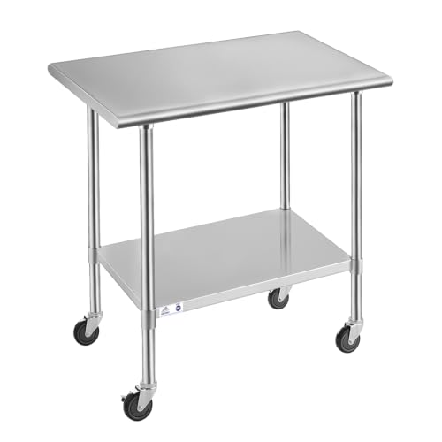 Image of ROCKPOINT Stainless Steel Table for Prep & Work with Caster Wheels 30x36 Inches, NSF Commercial Heavy Duty Table with Undershelf and Legs for Restaurant, Home and Hotel