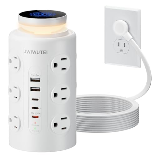 Image of Tower Power Strip with Night Light,PD20W USB C Power Strip Tower with Multiple Outlets,12 Outlets,5 USB Ports (3 USB-C), 10FT Extension Cord Desk Charging Station for Home,Office,Dorm Essentials,White