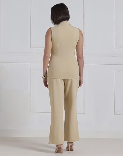 Image of Selvia Beige Lycra Textured Co-ord Set for Women, Button Front Waist Top and Trouser Pant