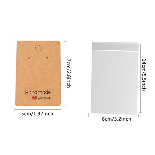 200 PCS Earring Display Cards Kraft Earring Cards Handmade with Love Display Cards Jewellery Packaging Card Brown Earring Tags for Diy Jewelry(100 Earring Holder Cards,100 Self Sealing Clear Bags)