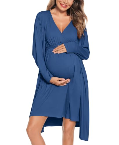 Image of SWOMOG Women Maternity Nursing Gown and Robe Set 3 in 1 Labor Delivery Nursing Nightgown for Breastfeeding Hospital Bathrobe