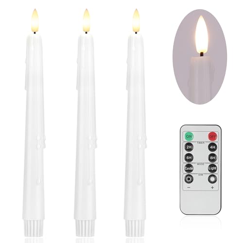 Image of Flameless Taper Candles with Rmote, 9.6 inch Dripless Battery Operated Candles, 3 Pack Real Wax Led Flickering Candlesticks with 3D Flame, Fake Candle for Home, Wedding, Party, White