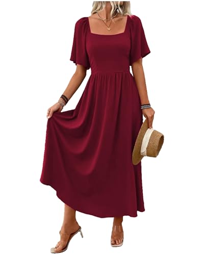 QUNERY Robe Femme Ete col Carré Robes de Plage Élégante Casual Manches à Volants Robes Légères Dress Bordeaux XXL