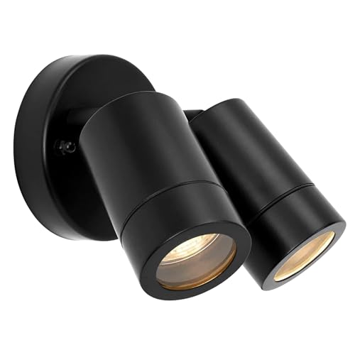 National Lighting Palin IP44 Rated Outdoor Twin Spotlights, Matt Black Steel Adjustable Tilt Outside Lights, Mains Powered Security Spot Lights, 2X 7W 240V LED GU10 (Not Included)