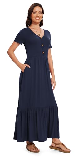 Image of VIISHOW Women's Short Sleeve Maxi Dress 2026 Summer V Neck Knit Loose Plain Empire Waist Casual Dresses with Pockets
