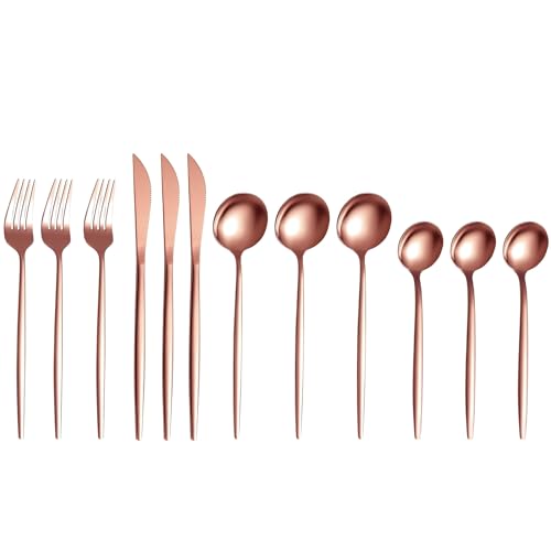 Image of aDai Rosegold Silverware Set | Satin Finish 12-Piece Stainless Steel Flatware Set | Dishwasher Safe Cutlery for Home, Restaurant & Gifting