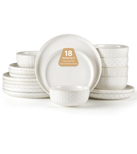 Image of Lareina 18 Piece Dinnerware Sets for 6, Farmhouse Style Stoneware Plates and Bowls Sets, Embossed Boho Ceramic Dish Set, Scratch Resistant & Dishwasher Safe, Vintage White