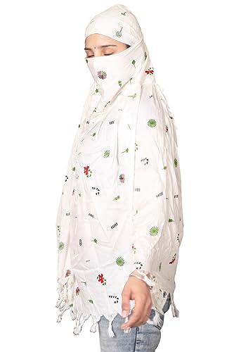 Image of Cotton Long Scarf Cum Mask Scarves Usable for Vehicle Driver | White Printed Design Fabric | Universal Size | Soft & Breathable Sun Protection | For Girl & Women