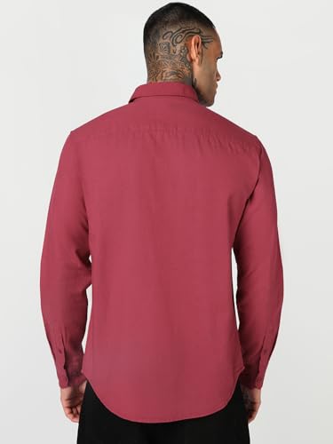 Image of Bewakoof Mens Solid Regular Fit Full Sleeve Collar Cotton Linen Blend Shirt