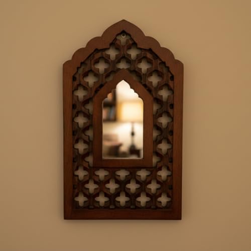 Image of Nandni Homeware Handcrafted Traditional Brown Mughal MDF Wooden Mirror Jharokha Wall Art | Boho Vintage Style Decorative Wall Hanging for Living Room, Bedroom & Home Interiors (Brown Mughal)