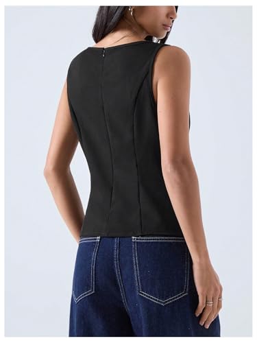 SHENHE Women's Sleeveless Tank Tops Boat Neck Cinched Waist Flare Hem Business Casual Cropped Blouse Top2