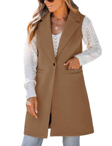 Mywinway Wool Long Vest for Women Fall Winter Sleeveless Blazer Jackets Dress Trendy Coat
