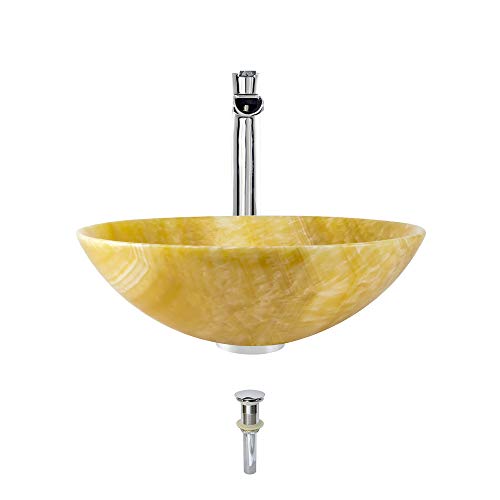 MR Direct 853-731-C Stone Vessel Sink in Honey Onyx with Faucet and Pop-Up Drain in Chrome, 731, Yellow