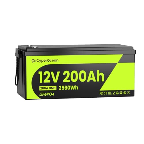 CyperOcean 12V 200Ah LiFePO4 Battery 2560Wh Deep Cycle Lithium Battery with Heavy-Duty 200A BMS Low-Temp Cutoff Grade A Cells Up to 15000 Cycles for RV Solar Marine and Off-Grid