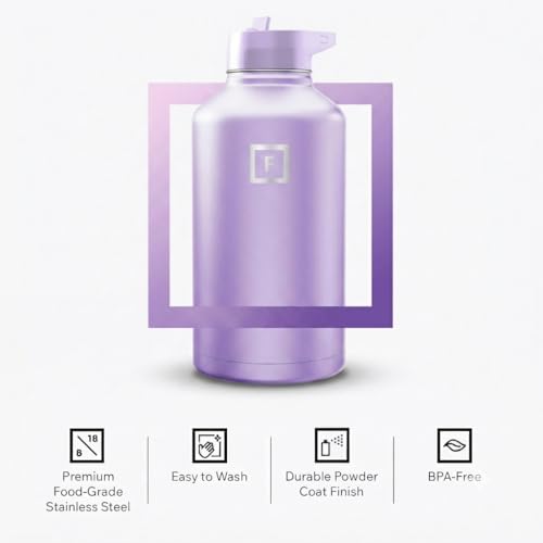 Image of IRON FLASK Camping & Hiking Hydration Flask with Straw, Wide Mouth Insulated Stainless Steel Sports Water Bottle - Lavender 64 oz - Straw (1 Lid)
