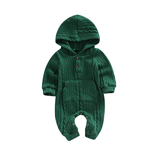 Image of Ynibbim Winter Newborn Baby Boy Girl Solid Romper Unisex Infants Hooded Outfit Clothes Waffle Cotton Button Jumpsuits
