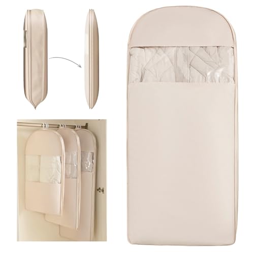 Space Saving Hanging Compression Garment Bag with Zipper for Closet Storage, Hanging Clothes Storage Bag, Garment Covers for Coats and Down Jackets, Beige, XL