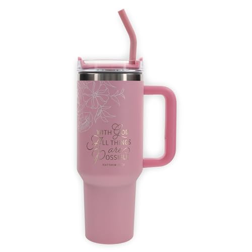 Image of Christian Art Gifts 40 oz Tumbler for Women: All Things are Possible Bible Verse, Stainless Steel, Insulated Travel Mug with Lid, Reusable Straw & Flex Tip, Pink Floral, Encouraging Gift for Women