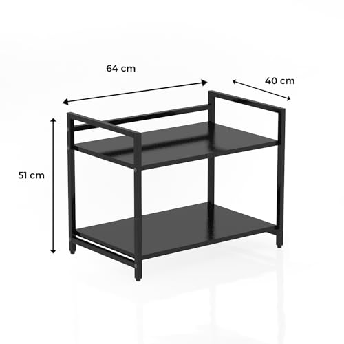 Image of wow craft Heavy Duty Metal Microwave Stand (Black) | 2-Tier Kitchen Countertop Storage Rack for Oven, Air Fryer & Pantry | Space Saving Multi-Purpose Organizer Shelf (64x40x51 cm)