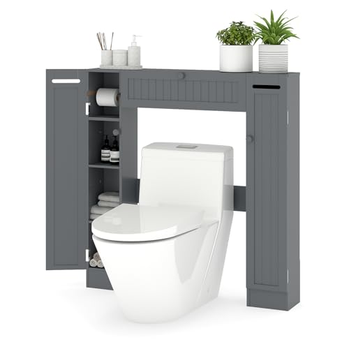 LIFEZEAL Mueble de Almacenamiento Pequeño con 2 Portapapeles, Mueble en WC con Estantes Ajustables y 6 Compartimentos, Mueble de Baño de Madera (Gris)