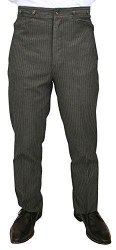 Historical Emporium Men's High Waist Ludlow Cotton Striped Trousers, Victorian Western Pants with Suspender Buttons