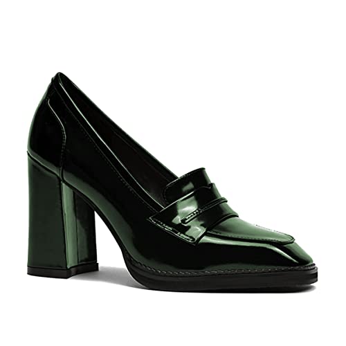 Image of FOWT Dressy High Block Heels Loafers for Women Classical Square Toe Pumps Comfortable Slip On Walking Shoes School Uniform Goth Oxfords US Size 4-16 M