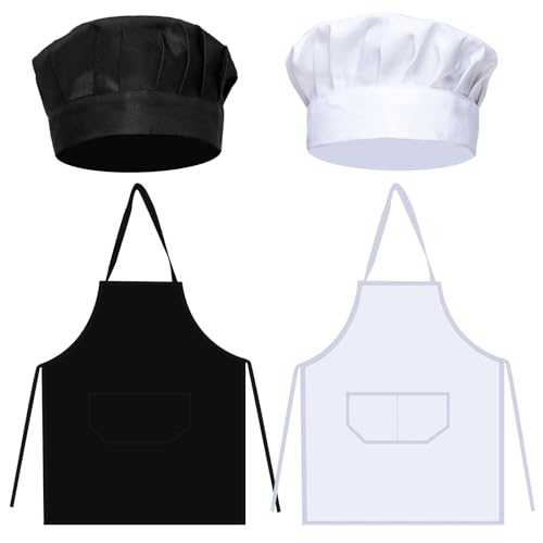 FUIPVGI 4 Piezas Delantal y Gorro De Cocinero Ajustable con Bolsillos, Elástico Gorro, Delantal Chef De Cocina, para Hornear Cocinar Pintura Artesanía (Blanco, Negro)