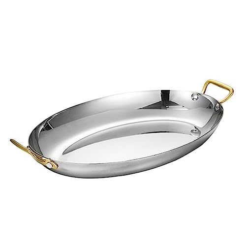 SVRITE Sartén ovalada de acero inoxidable para paella con doble asa de 25/30/35/40 cm, plato de pescado, aperitivo, plato comercial para servir al vapor pescado, postre, carne, sushi (plata, 25 cm)