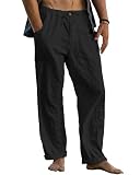 Cegerne Pantalon en Lin Homme Long Léger, Pantalon d'Été Décontracté avec Taille Élastique et Cordon, pour Plage Vacances Médiéval Vintage Usage Quotidien, Noir, L