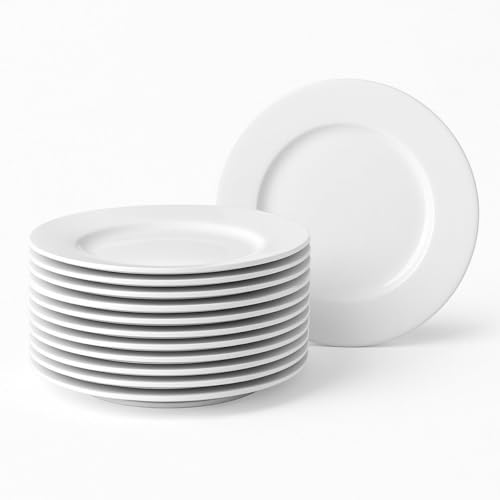 CasaSelección 12 Platos Llanos de Porcelana Blanca - Juego de 12, Diseño Redondo, 27 cm, Aptos para Lavavajillas y Microondas, Color Blanco