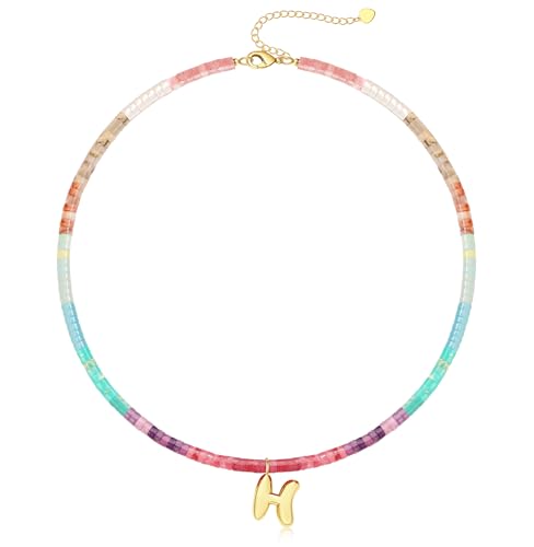 Beaded Initial Necklaces for Women Teen Girl Gifts Trendy Stuff Colorful Gemstone Choker Necklace with Bubble A-Z Stocking Stuffers for Teens Christmas Gifts for Her Birthday Summer Beach Jewelry for Daughter Sister Friend