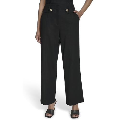 HALSTON H Women's Straight Leg Linen Faux Belted Pant, Black