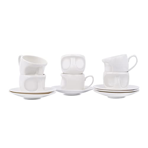 Image of Dandy Lines Cup and Saucer Set, FACE All White, Luxury Tea Cups with Saucer, Ceramic, Pack of 12, Microwave & Dishwasher Safe, Great for Hosting & Gifting