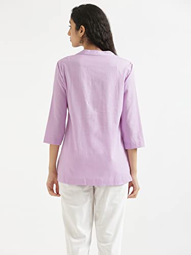 Image of SAADAA Women Short Kurti Airy Linen Regular Fit Kurta with 3 /4th Sleeves, Mandarin Collar, Side Slit Perfect for Casual, Formal, and Ethnic Wear