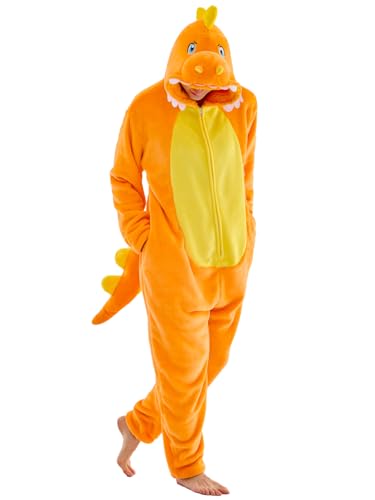 JUOLOET Unisex Adult Onesie Pajamas Dinosaur Animal One Piece Snug Fit Halloween Costume Sleepwear HomewearOrange Dinosaur Large