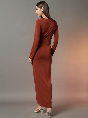 Image of Trend Arrest.ed Women's Bodycon Midi Dress | Square Neck Wrap Style | Stretchable | Full Sleeve Fitted Dress for Party, Evening, Casual Outings & Date Night