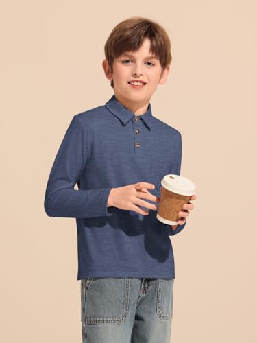 Image of Haloumoning Boys Long Sleeve Polo Shirts Kids Casual Button School Uniform Shirts with Chest Pocket 5-14 Years