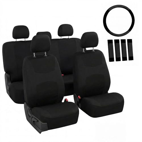 FH Group Full Set Cloth Car Seat Covers, Universal Fit Front and Split Bench Rear, Airbag Compatible, Washable for SUV, Sedan, Van - Black
