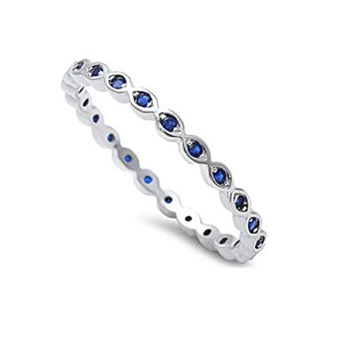 2mm Full Eternity Stackable Band Ring Round Simulated Blue Sapphire 925 Sterling Silver