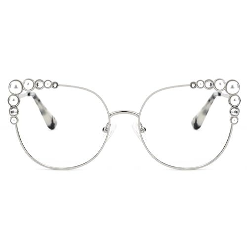 Image of Zeelool Stylish Metal Cat Eye Glasses Frame for Women with Non-prescription Clear Lens ZJGM751692-03 Silver, Large