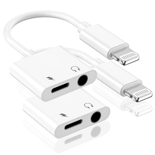 [Apple MFi Certified] Apple Lighting to 3.5 mm Headphone Jack Adapter for iPhone, 2 Pack 2 in 1 iPhone Headphone Aux Audio + Charger Cable Splitter Adapter Dongle for iPhone 14 13 12 11 XS XR X 8 7
