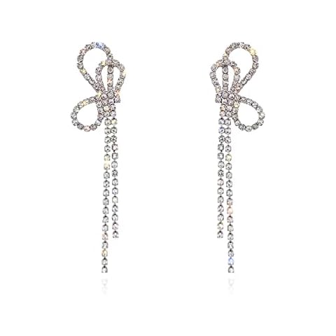Luxval Rhinestones Bow Earrings for Women silver rhinestone earrings Sparkly Long Linear Dangle Earrings Dangle Tassels Statement Earrings Bridal Wedding Cover