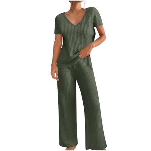 Womens 2 Piece Lounge Sets Casual Short Sleeve Knit Sweater Top and Wide Leg Pants Set Trendy Summer Outfits Clothes