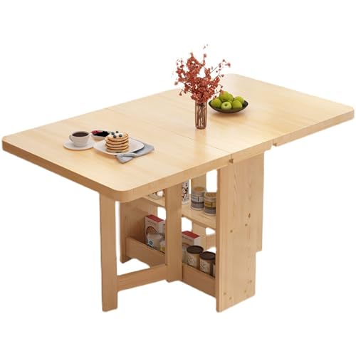 Mesa de cocina plegable, mesa de comedor de madera maciza con estante de almacenamiento de 2 capas, diseño plegable versátil para comedor y cocina