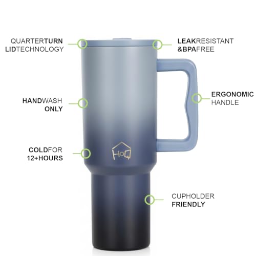 Image of House of Quirk 1200ML Stainless Steel Tumbler with Handle & Lid, 2 Straws - Large Travel Mug Water Cup for Gym, Office & Outdoor Use (Stone Wash)