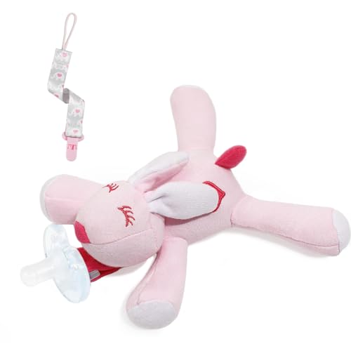 Zooawa Chupete con Conejo de Peluche, Chupón de Silicona con Juguete Animal Felpa Suave Extraíble Mordedor Pacificador sin BPA para Niños Bebé Infantil de 3 a 36 Meses- Conejo Blanco