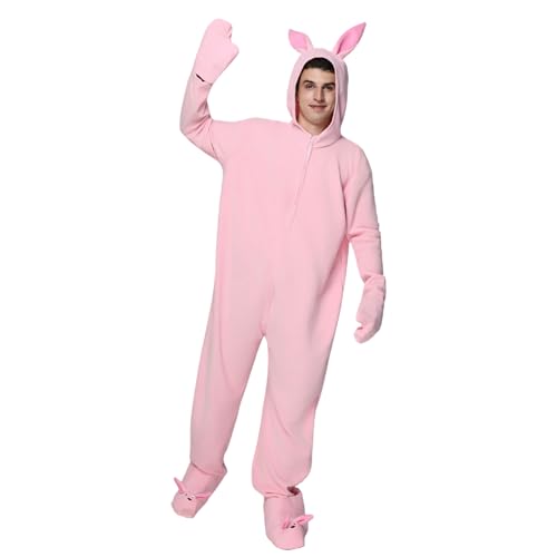 EraSpooky Mens Christmas Bunny Jumpsuit Adult Pink Bunny Hooded Pajama Costumes