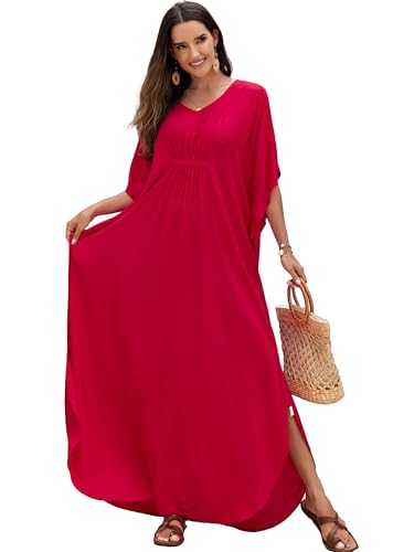 Image of Moss Rose Kaftan Dresses for Women V Neck Summer Swimsuit Cover up Caftan Maxi Beach Dresses